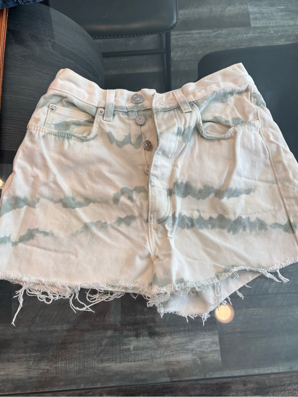 Zara Cream and Green Tie-Dye Jean Shorts